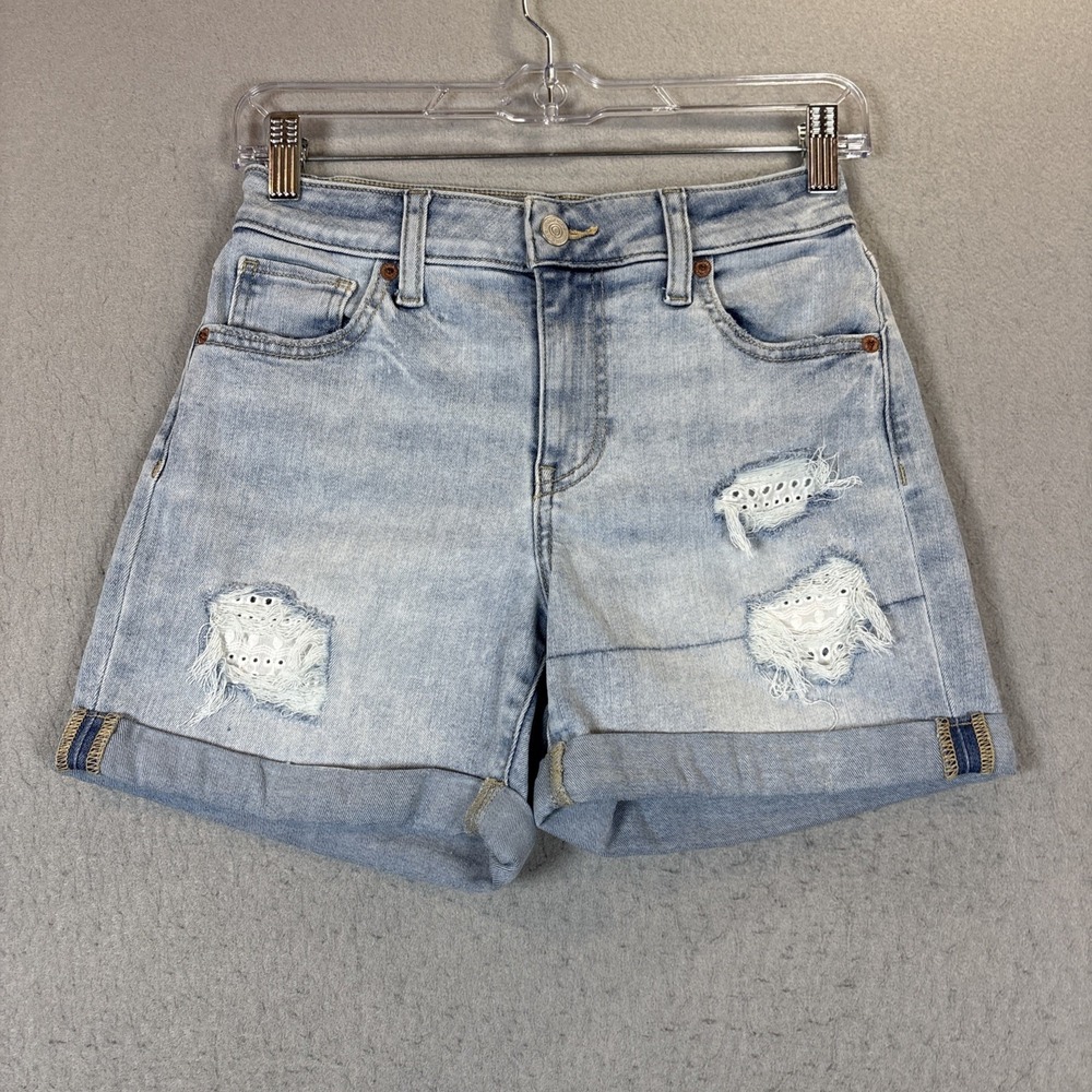 Maurices Women High Rise Jean Short Size 0 Blue Distressed Lace Cuffed Hem
